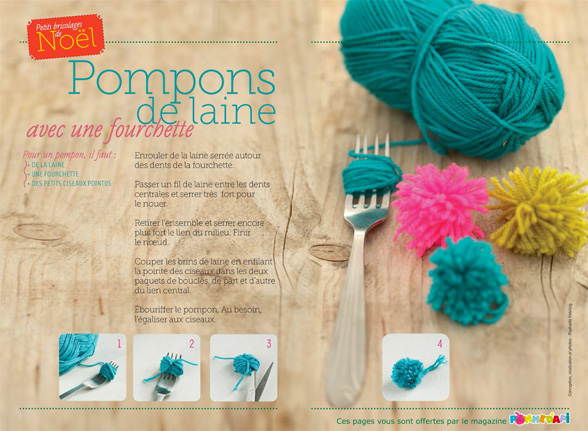 Pompons de laine à faire avec une fourchette - Conception, réalisation et photos : Raphaële Vidaling - Supplément pour les parents au n° 598 de Pomme d’Api, décembre 2015