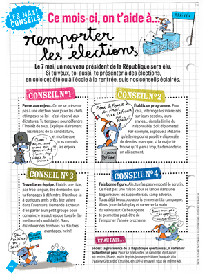 “Ce mois-ci, on t'aide à remporter les élections”, J'aime lire Max, mai 2017. Texte : Élisabeth Tzimakas. Illustrations : Frédéric Benaglia
