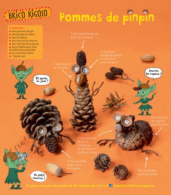 “Copains des bois - Pommes de pinpin”, Les Belles Histoires n°551, novembre 2018. Bricolage : Anne Chiumino (conception et réalisation). Photos : Benoît Teillet. Illustrations : Magali Clavelet.