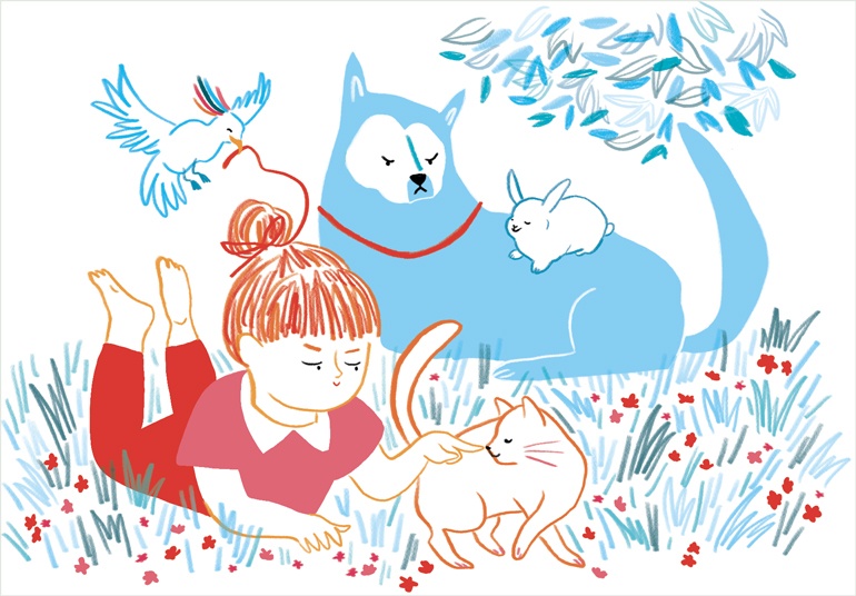“L'enfant et l'animal : une complicité naturelle”, supplément pour les parents du magazine Pomme d'Api, n° 627, mai 2018. Texte : Anne Bideault - Illustration : Kei Lam.