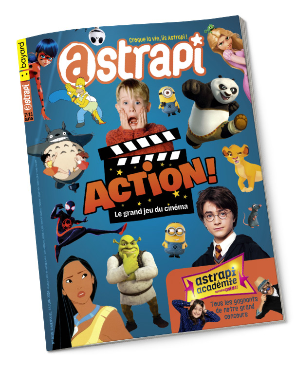 Couverture du magazine Astrapi n° 1038 du 15 juin 2024. “Action”, le grand jeu du cinéma. Résultats de l'Astrapi Académie.