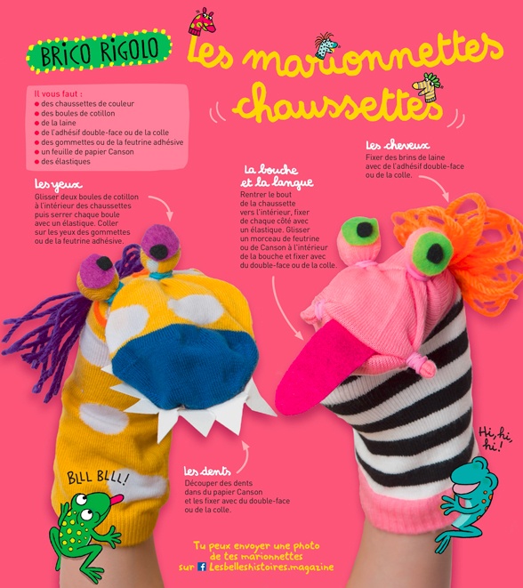“Brico rigolo : Les marionnettes chaussettes”, Les Belles Histoires n° 562, octobre 2019. Bricolage : Anne Chiumino. Photos : Isabelle Franciosa. Illustrations : Isabelle Assémat.