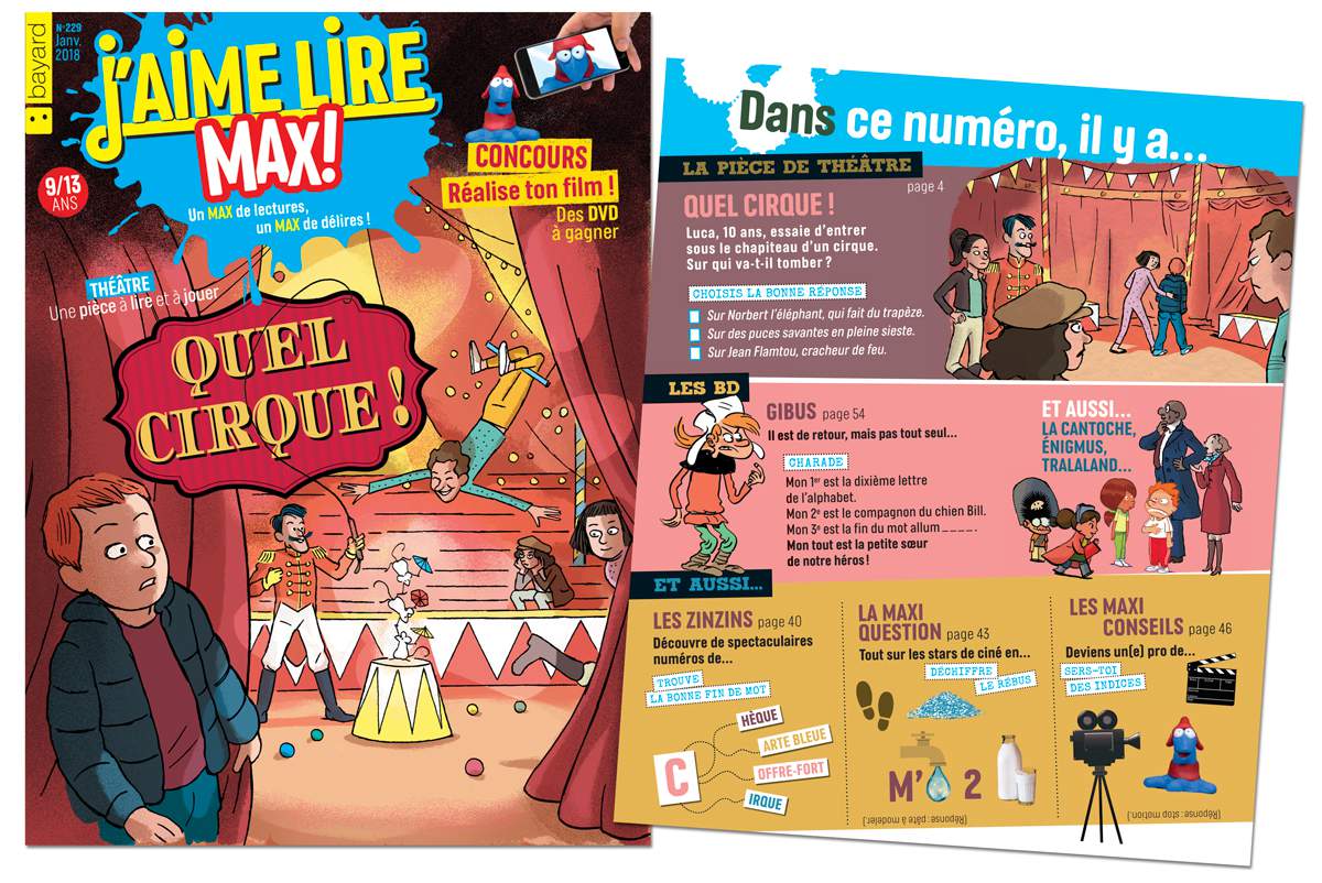 Couverture et sommaire du magazine J'aime lire Max ! de janvier 2018 - N° 229
