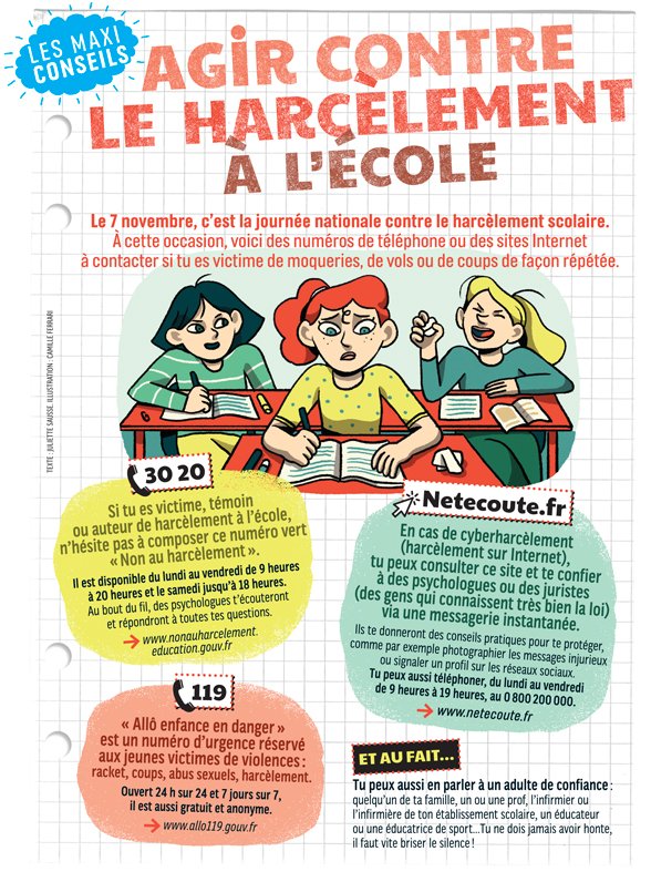 “Agir contre le harcèlement à l'école”, J'aime lire Max n°252, novembre 2019. Texte : Juliette Sausse. illustration : Camille Ferrari