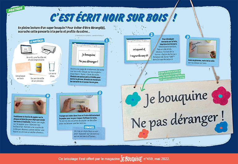 “Bricolage : c’est écrit noir sur bois !”, Je bouquine n°459, mai 2022. Photos : Laureline Dubuy.