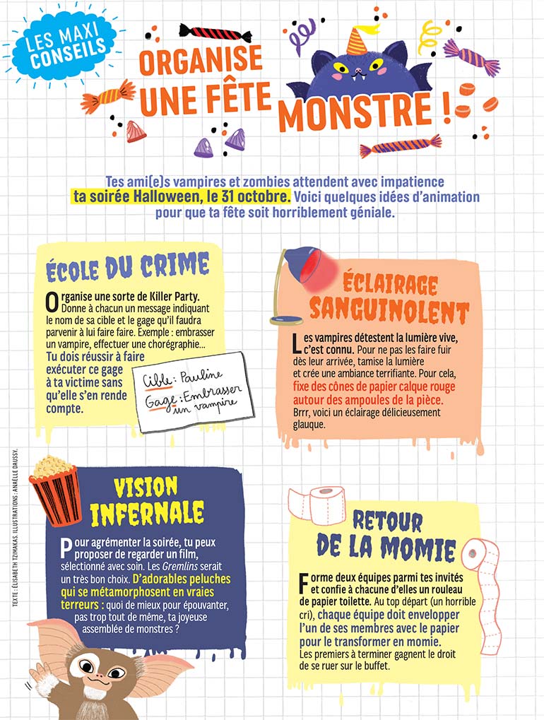 ”Halloween : nos conseils pour organiser une fête monstre !”, J'aime lire Max n°275, novembre 2021. Illustrations Anaëlle Daussy.