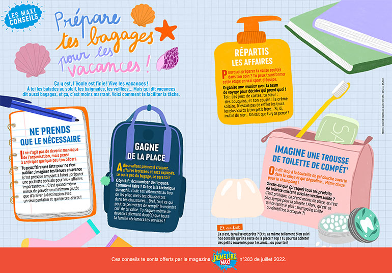 “Les maxi conseils : prépare tes bagages pour les vacances !”, J'aime lire Max n°283, juillet 2022. Illustration : Anaëlle Daussy.