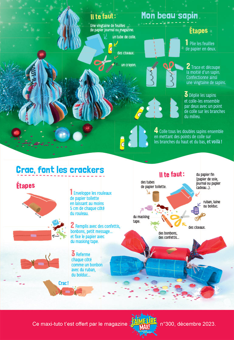 Un Noël 100 % maison, J‘aime lire Max n°300, décembre 2023. Photos : la rédaction de J‘aime lire Max. Illustrations : Lucie Parkes.