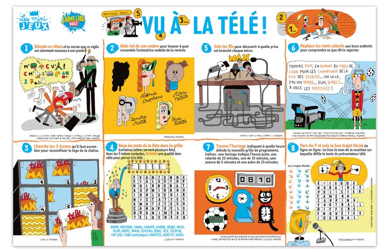 “Vu à la télé !”, J'aime lire Max n°237. Conception : Anna Mars. Illustrations : Estocafich.