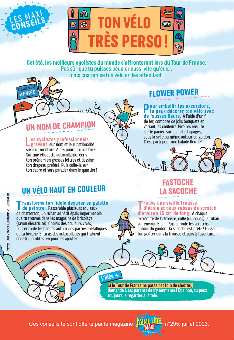 Maxi conseils : ton vélo très perso !, J‘aime lire Max n°295, juillet 2023. Illustrations : Lucie Parkes.