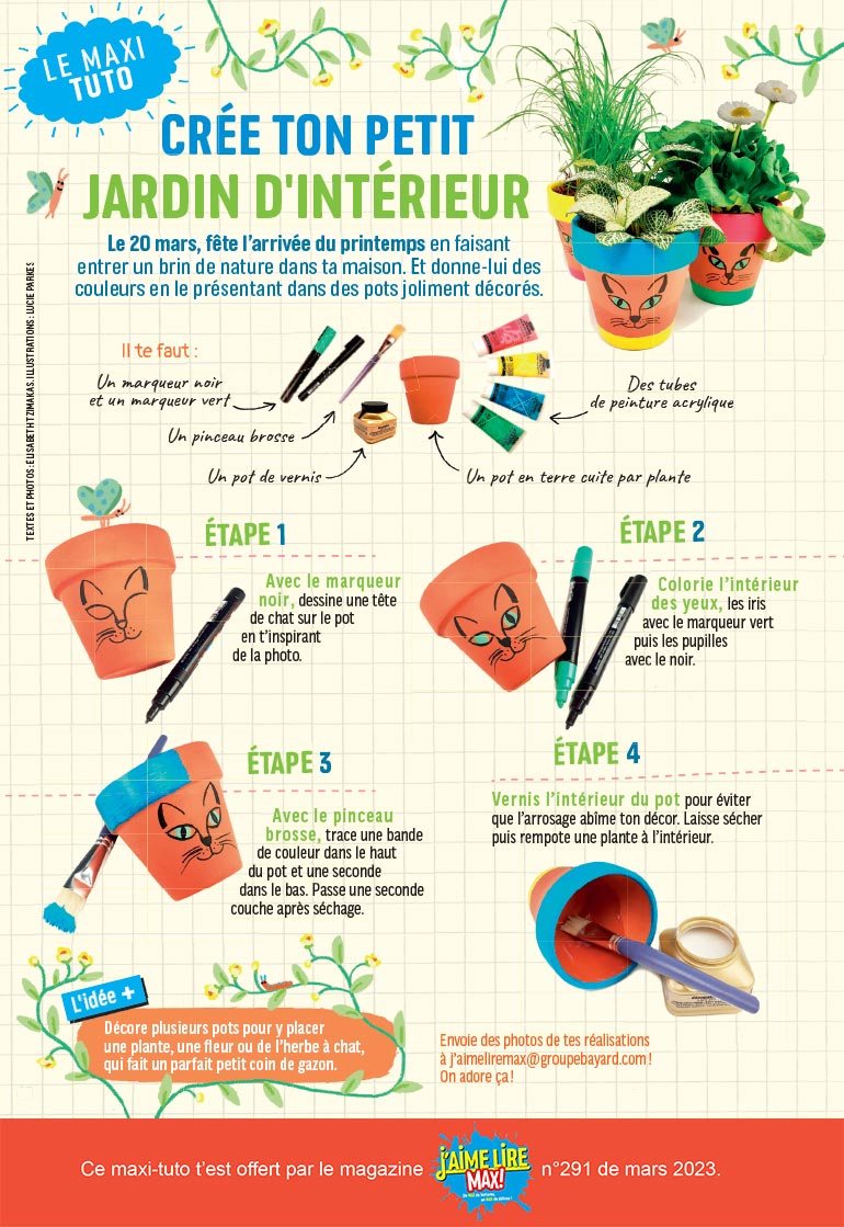 Crée ton petit jardin d’intérieur, J‘aime lire Max n°291, mars 2023. Photos&nbsp;: Élisabeth Tzimakas. Illustrations&nbsp;: Lucie Parkes