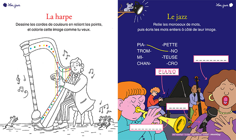 “En avant la musique !”, jeux pour les 6-7 ans. Illustration : Émilie Clarke. La harpe - Le jazz