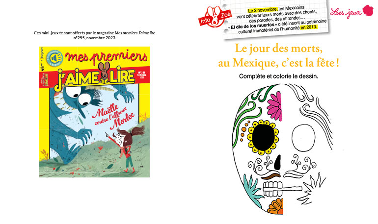 Le jour des morts, au Mexique, c’est la fête !, Mes premiers J'aime lire, n°255, novembre 2023. Illustration : Camille Blandin.