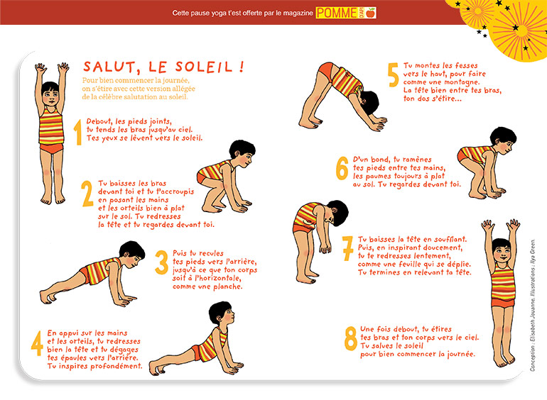 “Et si on se mettait ensemble au yoga ?, supplément pour les parents du magazine Pomme d'Api n°568, juin 2013. ” Conception : Elisabeth Jouanne. Illustrations : Ilya Green.