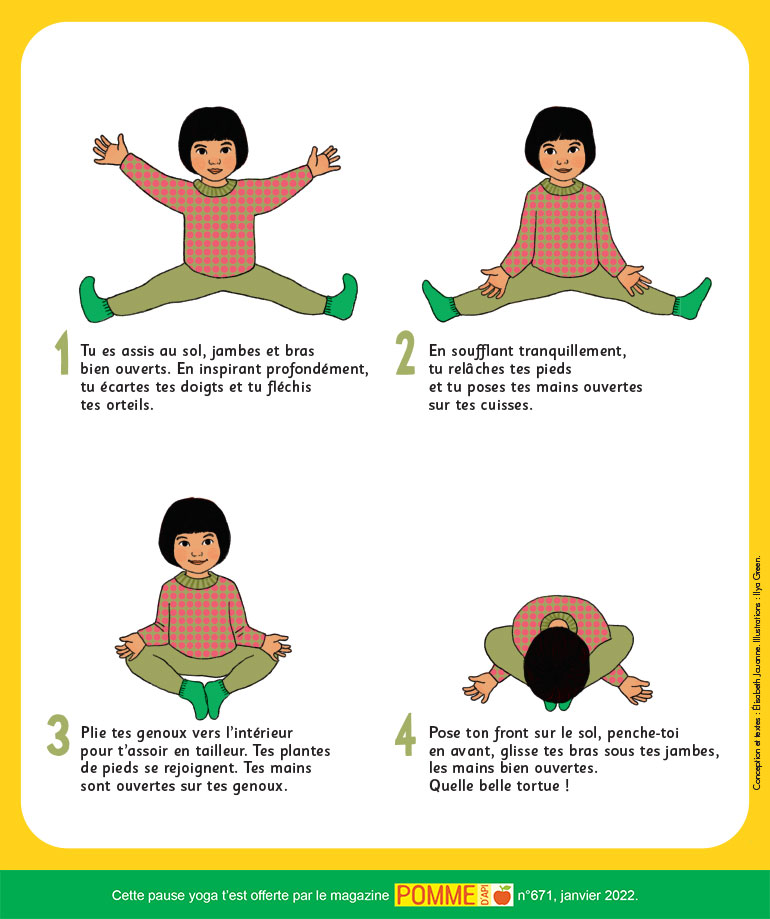 © Illustration : Ilya Green. Pause yoga : la tortue. Pomme d’Api, n°671, janvier 2022.