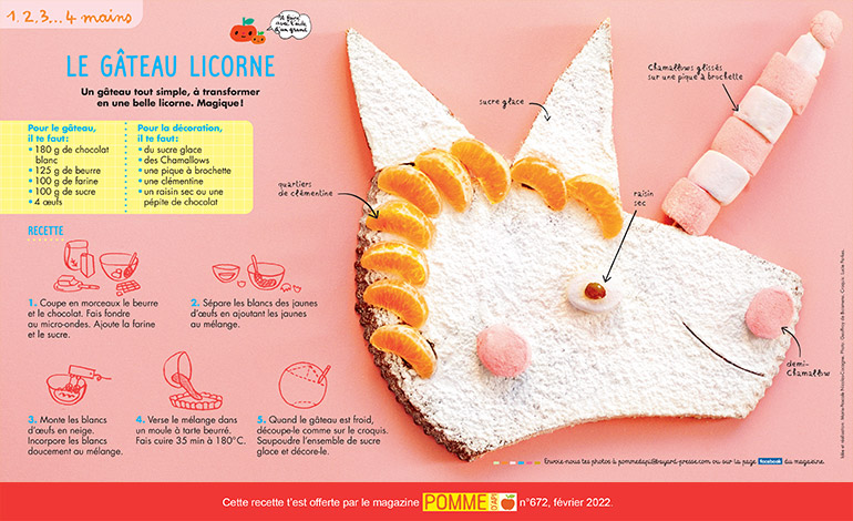 “Recette : le gâteau licorne”, Pomme d'Api n° 672, février 2022. Photo : Geoffroy de Boismenu. Croquis : Lucie Parkes.
