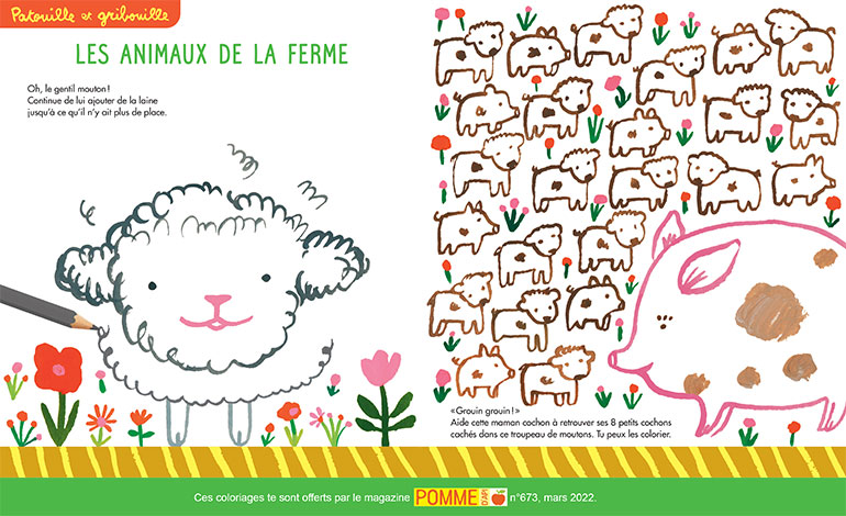 Coloriages et jeux&nbsp;: les animaux de la ferme. Pomme d’Api n°673, mars 2022. Illustrations : Carolyn Gavin.