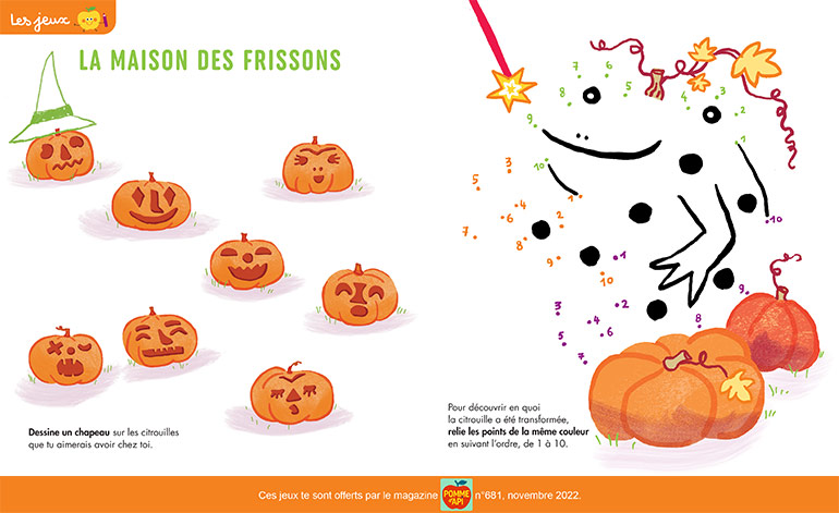Coloriages et jeux&nbsp;: la maison des frissons. Pomme d’Api n°681, novembre 2022. Illustrations&nbsp;: Magali Bardos.