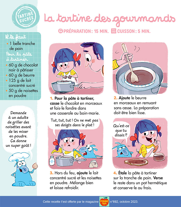 Recette : la tartine des gourmands, Pomme d'Api n° 692, octobre 2023. Illustrations : Fred Benaglia.
