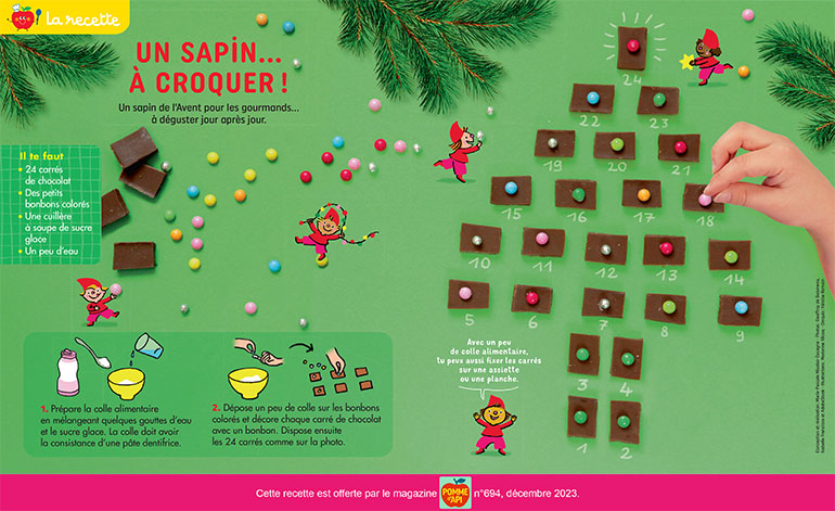 Recette : un sapin… à croquer !, Pomme d'Api n° 694, décembre 2023. Photos : Geoffroy de Boismenu, Isabelle Franciosa et AdobeStock. Illustrations : Marianne Vilcoq. Croquis : Héloïse Romain.