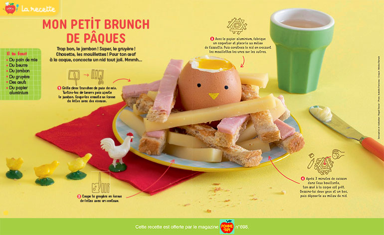 Recette : mon petit brunch de Pâques, Pomme d'Api n° 698, avril 2024. Photo : Isabelle Franciosa. Croquis : Héloïse Romain.