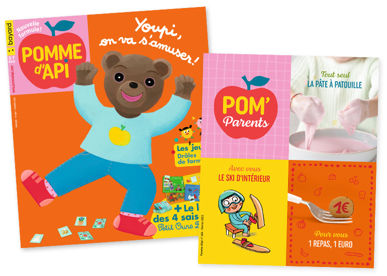 Couverture du magazine Pomme d'Api n° 684, février 2023 - Youpi, on va s'amuser ! - Les jeux Drôles de formes - Le loto des 4 saisons Petit Ours Brun - Tout seul : “La pâte à patouille” - Avec vous : “Le ski d'intérieur - Pour vous : 1 repas, 1 euro.