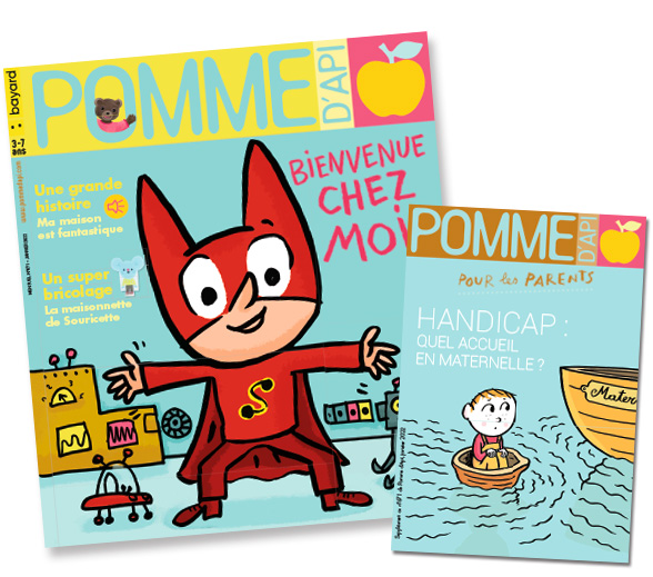 Couverture du magazine Pomme d'Api, n°671, janvier 2022, et son supplément pour les parents : “Handicap : quel accueil en maternelle ?”