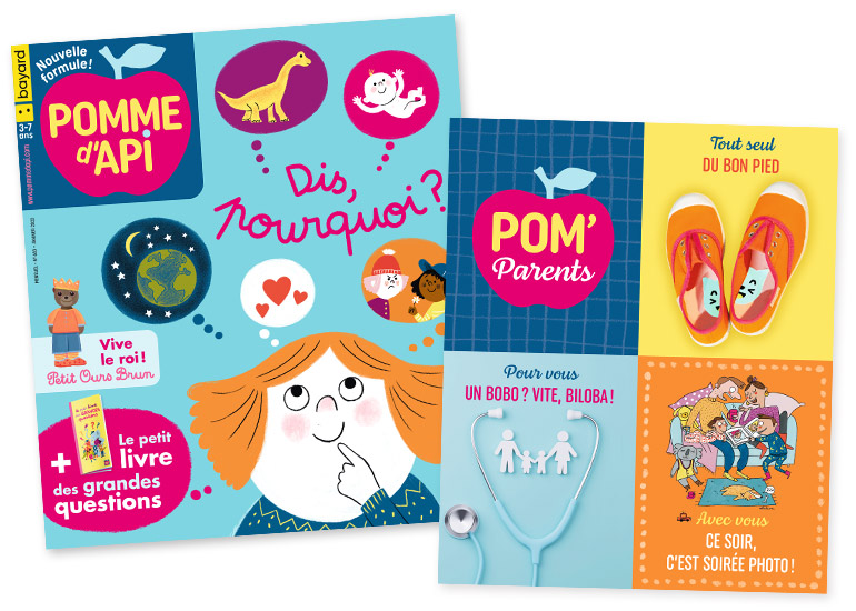 Couverture du magazine Pomme d'Api n°683, janvier 2023 - Dis, pourquoi ? - Vive le roi Petit Ours Brun + Le petit livre des grandes questions - Tout seul : “Du bon pied”.
