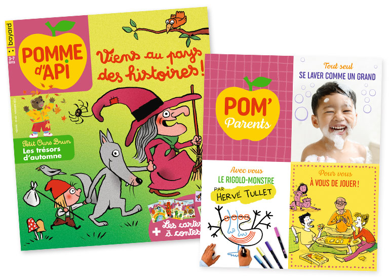 Couverture du magazine Pomme d'Api n° 693, novembre 2023 - Viens au pays des histoires ! Petit Ours Brun, les trésors d'automne + Les cartes à contes - Supplément pour les parents : autonomie : se laver tout seul comme un grand - À faire avec vous : le rigolo-monstre par Hervé Tullet - Pour vous : une sélection de jeux de société rien que pour les parents - Les coups de cœur de la rédaction.