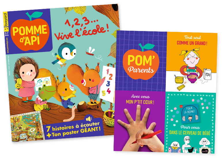 Couverture du magazine Pomme d'Api n° 691, septembre 2023 - 1, 2, 3… Vive l'école ! 7 histoires + 1 poster géant ! - Supplément pour les parents : “Comme un grand !” - Mon p'tit cœur , une astuce pour affronter la rentrée - “Y en a là-dedans !”, un podcast dédié au cerveau des bébés. Coups de cœur de la rédaction.