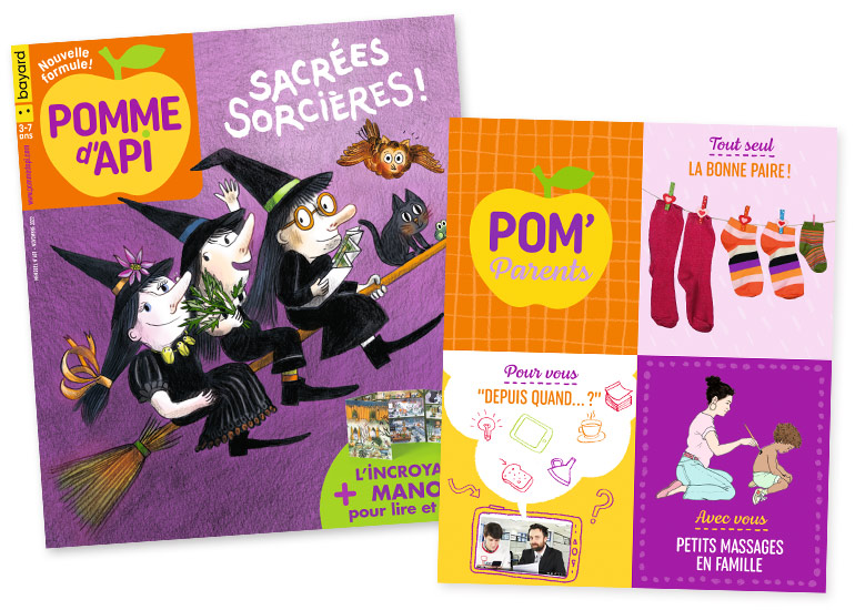 Couverture du magazine Pomme d'Api n°681, novembre 2022 - Sacrées sorcières ! - Un décor à fabriquer et un jeu : l'incroyable manoir - Supplément pour les parents : La bonne paire ! - Petits massages en famille - Vidéos YuTube : Depuis quand… ?