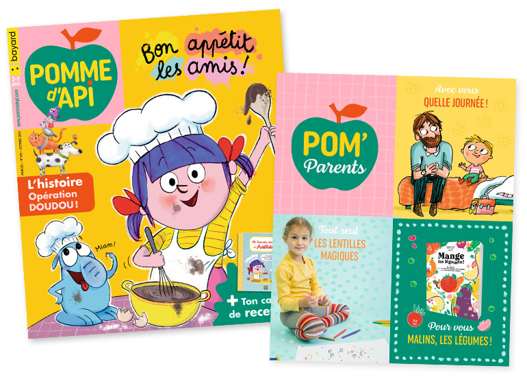 Couverture du magazine Pomme d'Api n° 692, octobre 2023 - Bon appétit les amis ! Un carnet de recettes Adélidélo - Histoire : opération doudou ! - Supplément pour les parents : un tuto détente de lentilles magiques - des conseils pour aider son enfant à raconter sa journée - un livre de recettes pour faire aimer les légumes - les coups de cœur de la rédaction.