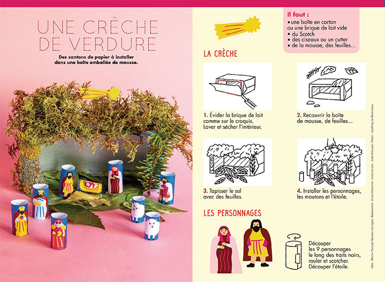 © “Bricolage de Noël : une crèche de verdure”, Pomme d'Api n°670, décembre 2021. Photo : Geoffroy de Boismenu. Illustrations : Julie Brouant.