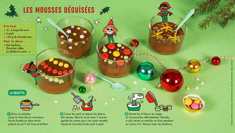 Recette au chocolat pour Noël : Les mousses déguisées, Pomme d'Api n° 682, décembre 2022. Photos : Isabelle Franciosa. Illustrations : Deborah Pinto. Croquis : Julie Brouant.