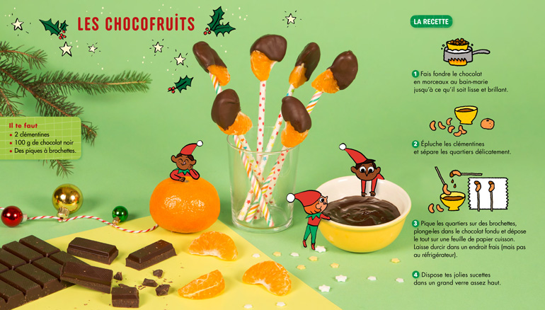 Recette au chocolat pour Noël : Les chocofruits, Pomme d'Api n° 682, décembre 2022. Photos : Isabelle Franciosa. Illustrations : Deborah Pinto. Croquis : Julie Brouant.