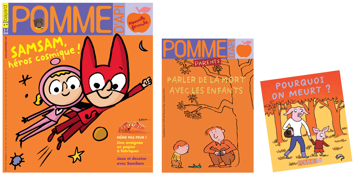 Couverture du numéro de novembre 2016 du magazine Pomme d'Api ; couverture du supplément pour les parents “Parler de la mort avec les enfants” et du livret détachable “Pourquoi on meurt ?” à destination des enfants.