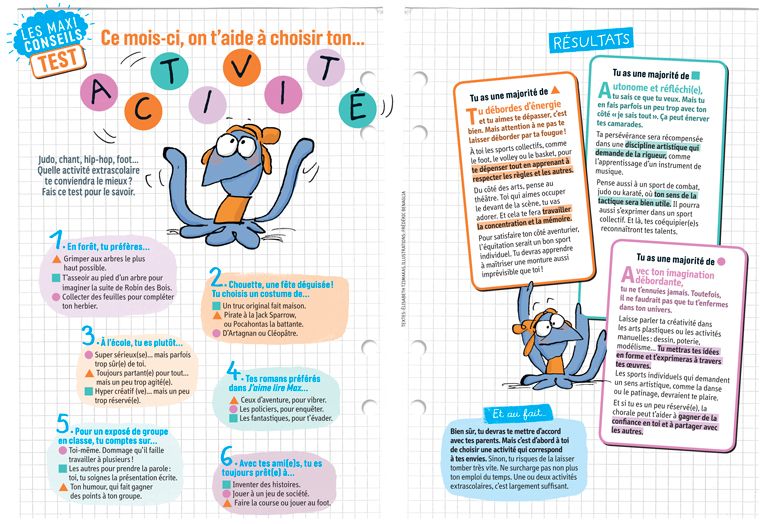Téléchargez le test&nbsp;: “Ce mois-ci, on t'aide à choisir ton activité”, J'aime lire Max n° 237, septembre 2018. Texte : Élisabeth Tzimakas. Illustrations&nbsp;: Frédéric Benaglia