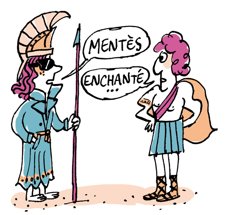 Un beau jour, un homme débarque à Ithaque : Mentès. Télémaque ne le sait pas, mais en réalité, il s’agit de la déesse Athéna, en mode incognito ! “Le classique sans prise de tête : L’Odyssée - Chants I à IV - Un poème épique grec d'Homère”, Je bouquine n°487, septembre 2024. Texte : Romane Le Dain. Illustration : Marion Puech.