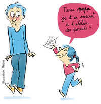 Supplément au n°597 de Pomme d'Api, novembre 2015. “Etre parents ça s'apprend !” Texte : Anne Bideault. Illustrations : Robin.