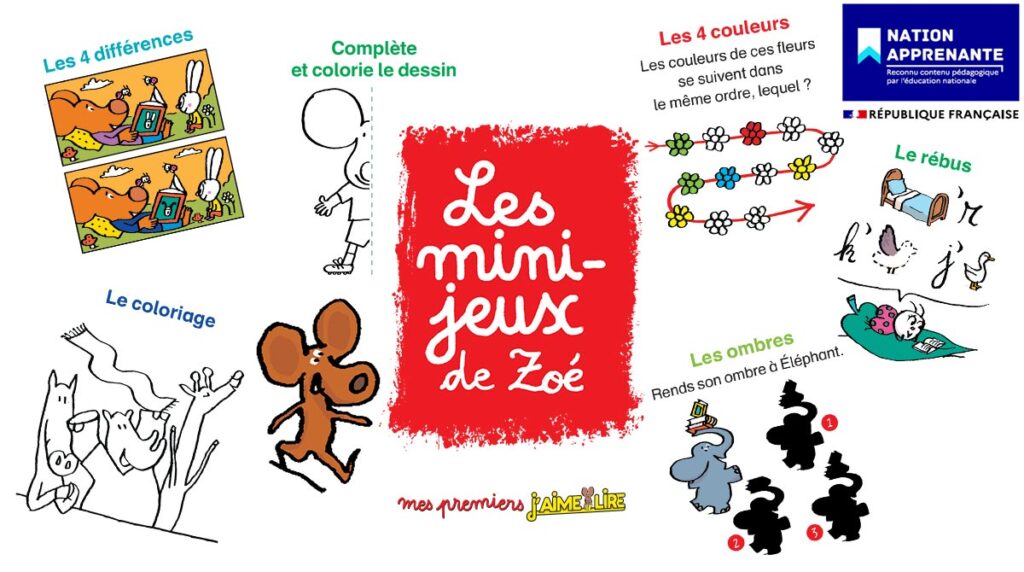 Des jeux de vocabulaire : les mini-jeux de Zoé du magazine Mes premiers J'aime lire pour les lecteurs débutants (6-7 ans).