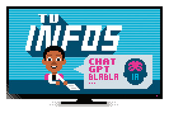ChatGPT est un chatbot qui sait répondre par écrit à des questions précises. C’est quoi l’intelligence artificielle ?, Astrapi n°1022, 15 octobre 2023. Illustration : Laurent Bazart.