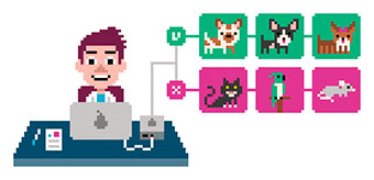 Étape 1 : l’informaticien enregistre dans son ordinateur plein de photos qui serviront de base de travail. C’est quoi l’intelligence artificielle ?, Astrapi n°1022, 15 octobre 2023. Illustration : Laurent Bazart.