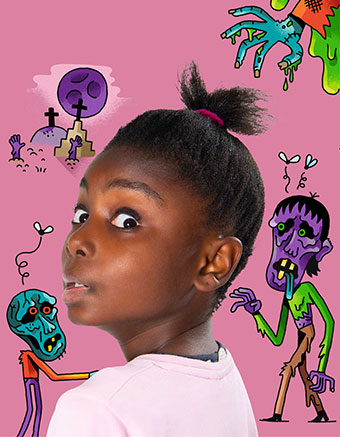 J'ai peur des zombies. Astra+ Émotions : Même pas peur !, Astrapi n°1023, 1er novembre 2023. Photos : B. Teillet. Illustrations : S. Touache.