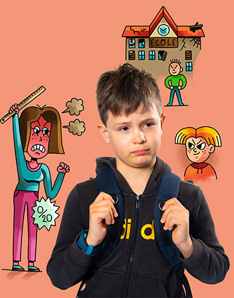 J'ai peur de changer d'école. Astra+ Émotions : Même pas peur !, Astrapi n°1023, 1er novembre 2023. Photos : B. Teillet. Illustrations : S. Touache.