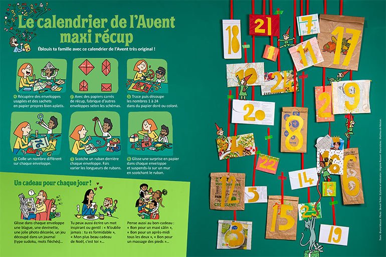 Le calendrier de l'Avent. Un Noël tout en papier !, Astrapi n°1025, 1er décembre 2023. Photo : Benoît Teillet. Illustrations : Mathieu de Muizon.