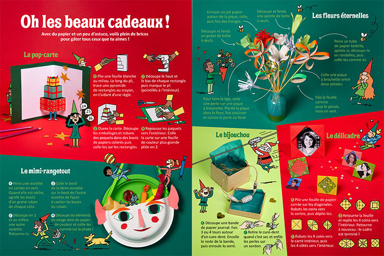 Les cadeaux. Un Noël tout en papier !, Astrapi n°1025, 1er décembre 2023. Photo : Benoît Teillet. Illustrations : Mathieu de Muizon.