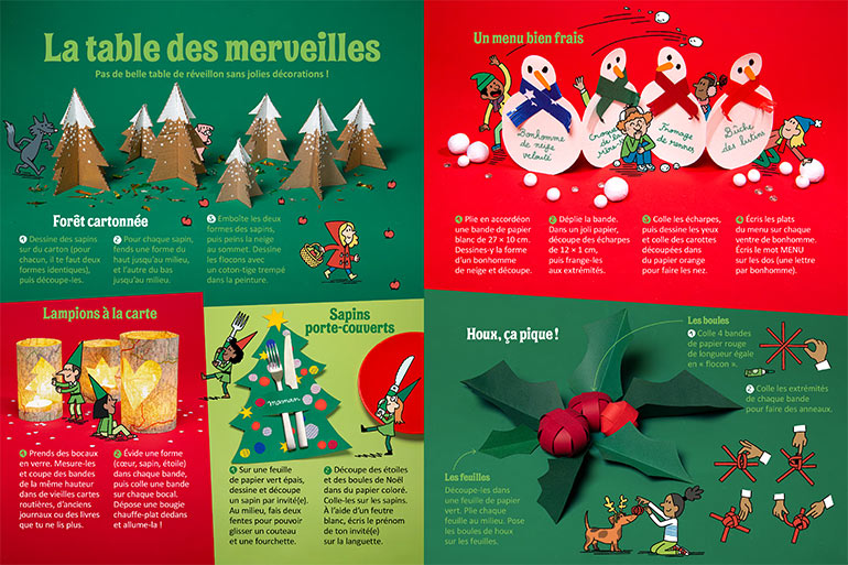 La table. Un Noël tout en papier !, Astrapi n°1025, 1er décembre 2023. Photo : Benoît Teillet. Illustrations : Mathieu de Muizon.