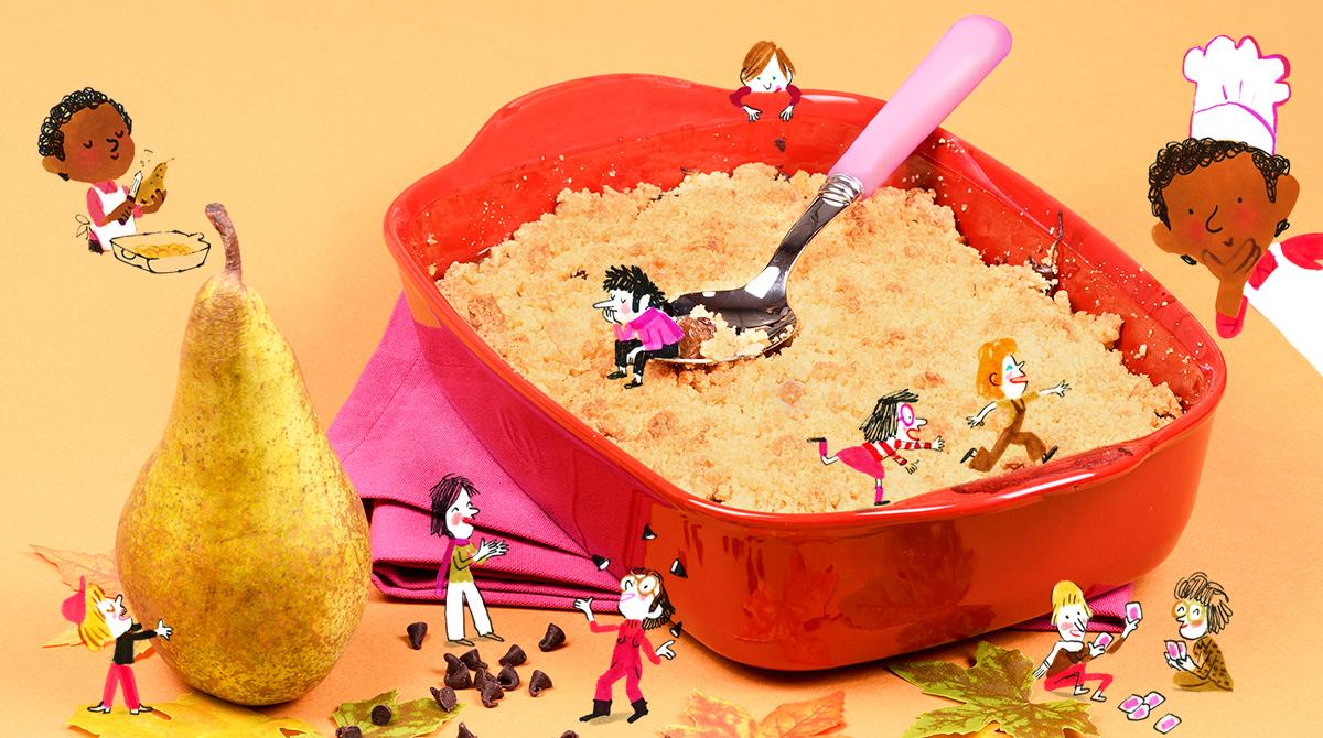 “Le crumble de l’automne”, Astrapi n°892, 15 novembre 2017. Recette : Bruno Muscat. Stylisme et réalisation : Charlotte Vannier. Photo : Didier Bizet. Illustrations : Laurent Simon.