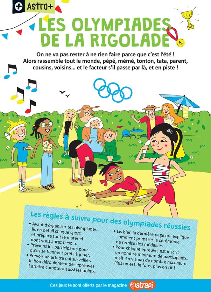 “Les Olympiades de la rigolade”, Astrapi n°951, 1er juillet 2020. Conception et texte : Rémi Chaurand. Illustrations : Line Hachem.