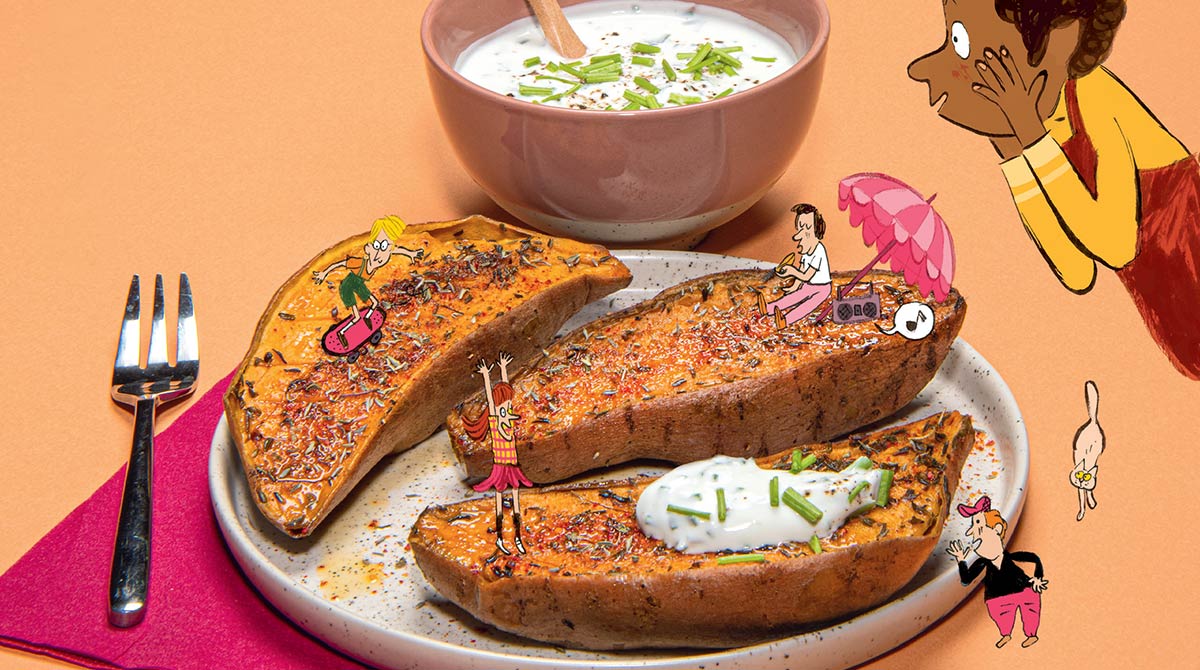 “Les patates fondantes”, Astrapi n°977, 1er octobre 2021. Recette Bruno Muscat. Stylisme et réalisation : Julie Boogaerts. Photo : Benoît Teillet. Illustrations : Laurent Simon.
